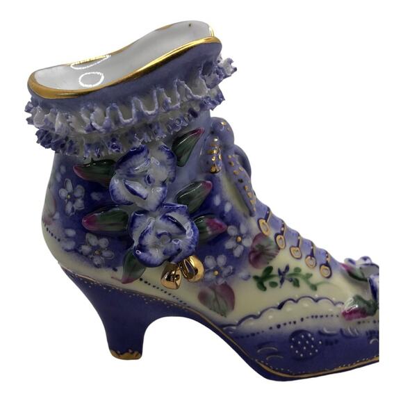 Vintage Inspired Ceramic Lace Ruffle Vivid Violet Flowers Boot Limoges - Picture 2 of 10